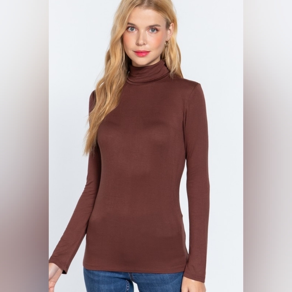 Chestnut Brown Second Skin Semi Sheer Turtleneck Long Sleeve Tee Shirt